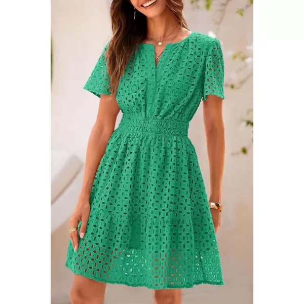imagePRETTYGARDEN Womens 2024 Summer Short Dress V Neck Short Sleeve A Line Hollow Out Lace Ruffle Cute Casual Beach Party DressesGreen