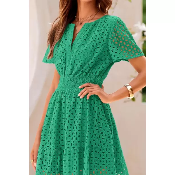 imagePRETTYGARDEN Womens 2024 Summer Short Dress V Neck Short Sleeve A Line Hollow Out Lace Ruffle Cute Casual Beach Party DressesGreen