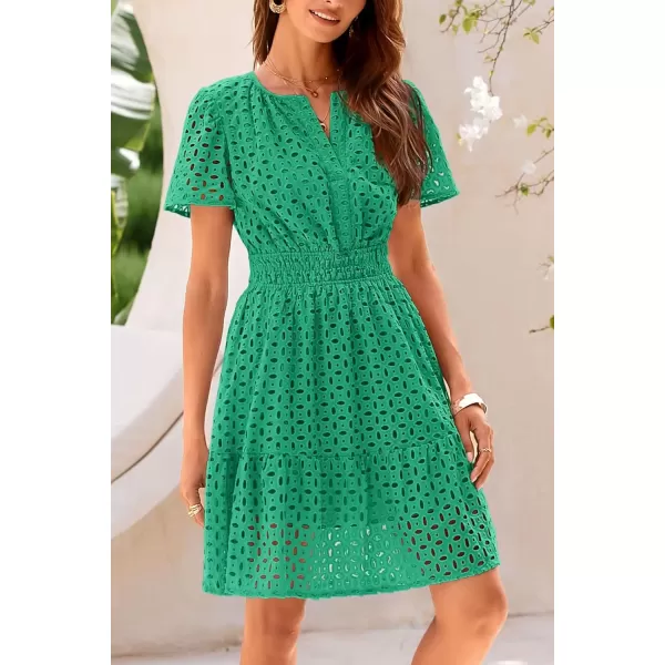 imagePRETTYGARDEN Womens 2024 Summer Short Dress V Neck Short Sleeve A Line Hollow Out Lace Ruffle Cute Casual Beach Party DressesGreen
