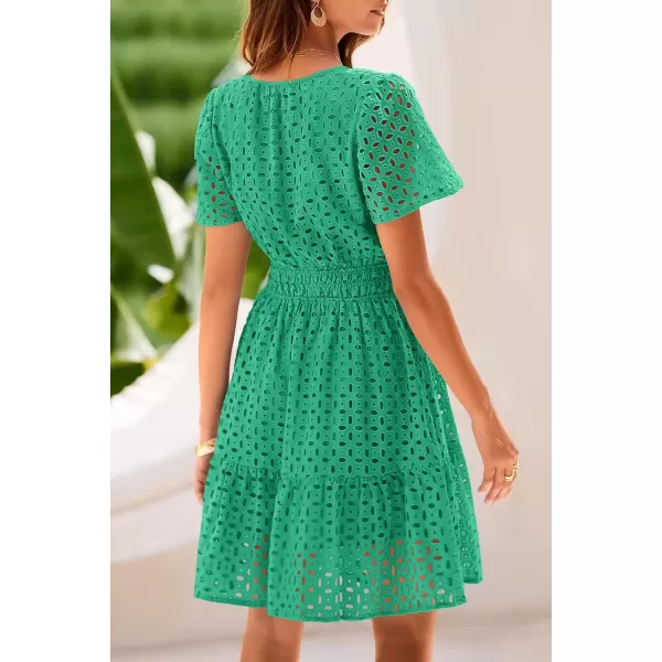 imagePRETTYGARDEN Womens 2024 Summer Short Dress V Neck Short Sleeve A Line Hollow Out Lace Ruffle Cute Casual Beach Party DressesGreen