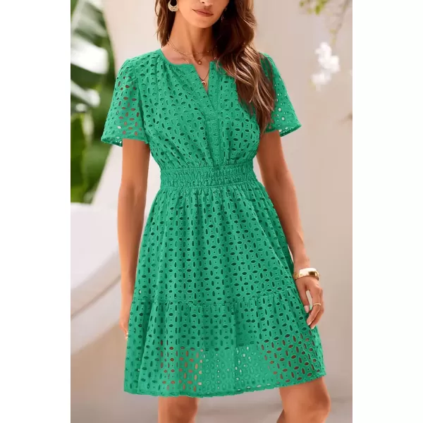 imagePRETTYGARDEN Womens 2024 Summer Short Dress V Neck Short Sleeve A Line Hollow Out Lace Ruffle Cute Casual Beach Party DressesGreen