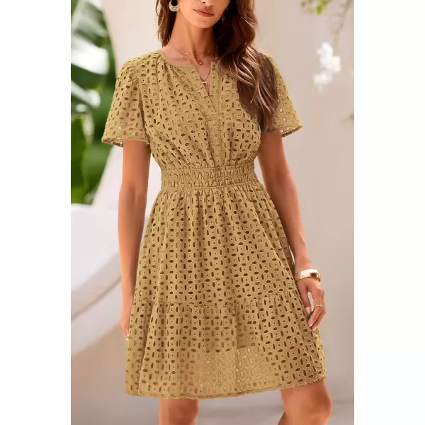 imagePRETTYGARDEN Womens 2024 Summer Short Dress V Neck Short Sleeve A Line Hollow Out Lace Ruffle Cute Casual Beach Party DressesKhaki