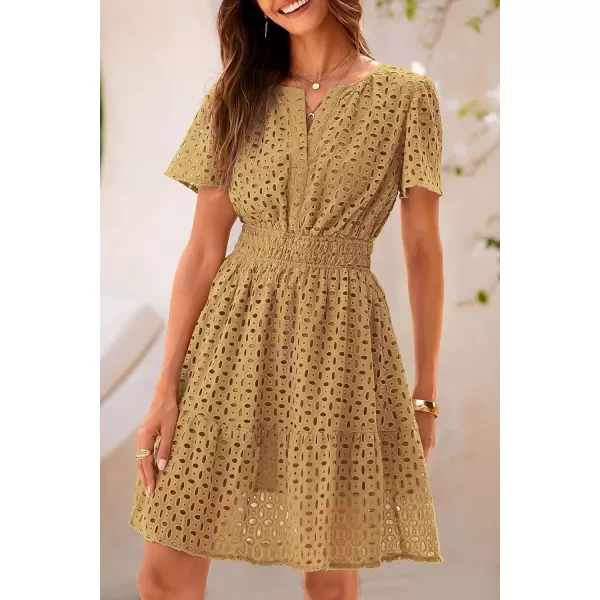 imagePRETTYGARDEN Womens 2024 Summer Short Dress V Neck Short Sleeve A Line Hollow Out Lace Ruffle Cute Casual Beach Party DressesKhaki