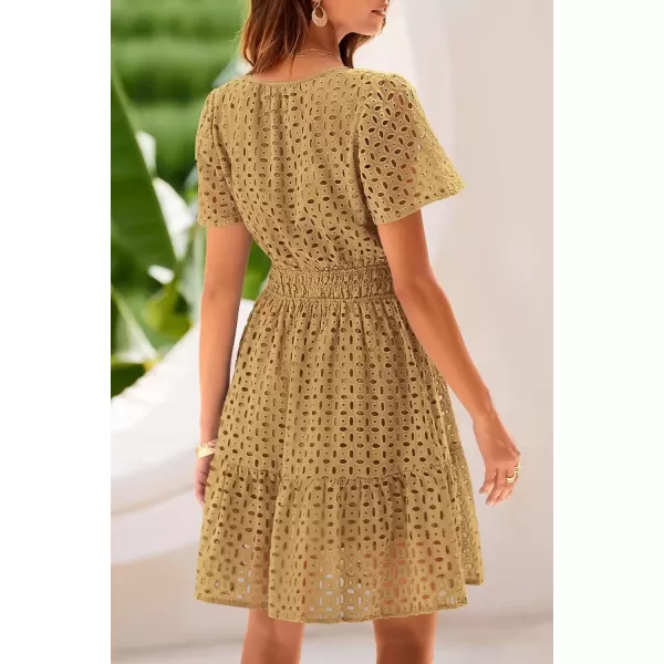 imagePRETTYGARDEN Womens 2024 Summer Short Dress V Neck Short Sleeve A Line Hollow Out Lace Ruffle Cute Casual Beach Party DressesKhaki