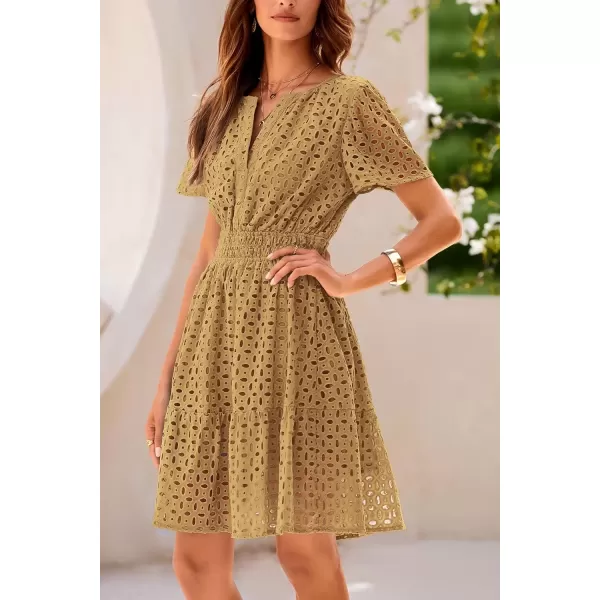 imagePRETTYGARDEN Womens 2024 Summer Short Dress V Neck Short Sleeve A Line Hollow Out Lace Ruffle Cute Casual Beach Party DressesKhaki