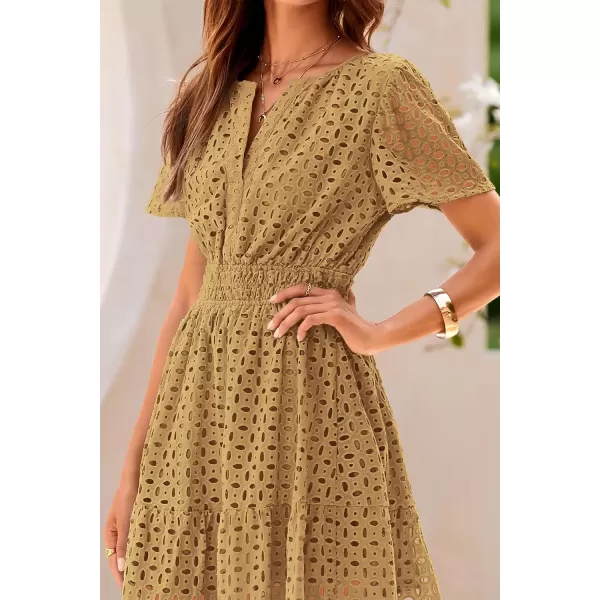 imagePRETTYGARDEN Womens 2024 Summer Short Dress V Neck Short Sleeve A Line Hollow Out Lace Ruffle Cute Casual Beach Party DressesKhaki
