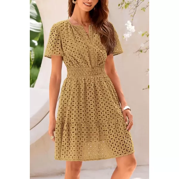 imagePRETTYGARDEN Womens 2024 Summer Short Dress V Neck Short Sleeve A Line Hollow Out Lace Ruffle Cute Casual Beach Party DressesKhaki