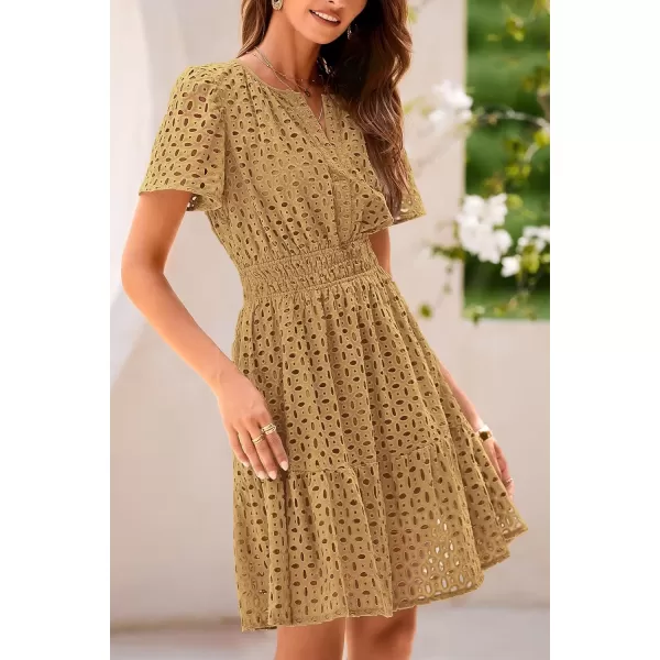 imagePRETTYGARDEN Womens 2024 Summer Short Dress V Neck Short Sleeve A Line Hollow Out Lace Ruffle Cute Casual Beach Party DressesKhaki