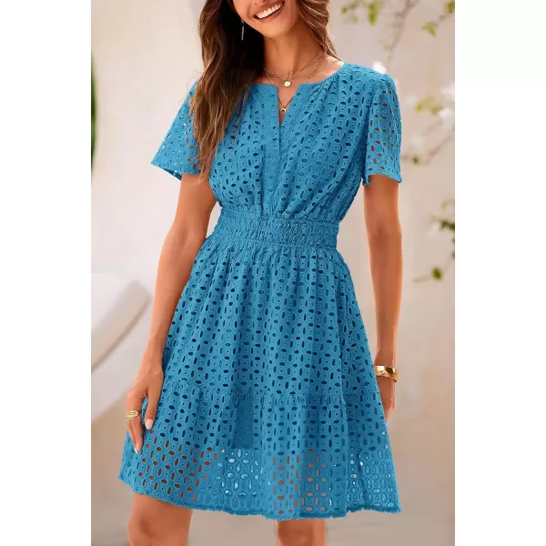 imagePRETTYGARDEN Womens 2024 Summer Short Dress V Neck Short Sleeve A Line Hollow Out Lace Ruffle Cute Casual Beach Party DressesLake Blue