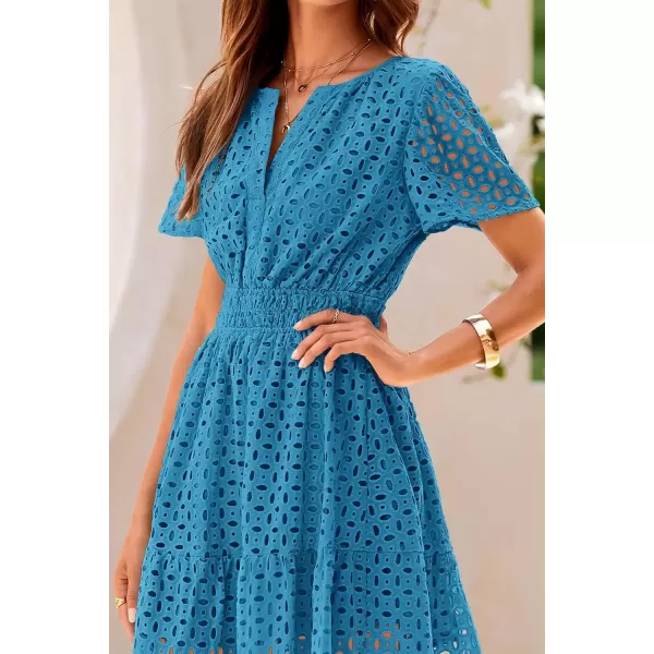 imagePRETTYGARDEN Womens 2024 Summer Short Dress V Neck Short Sleeve A Line Hollow Out Lace Ruffle Cute Casual Beach Party DressesLake Blue