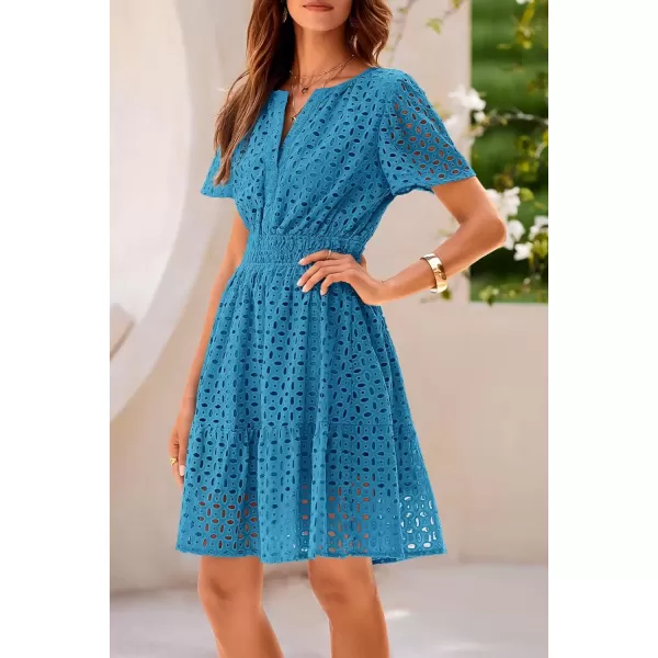 imagePRETTYGARDEN Womens 2024 Summer Short Dress V Neck Short Sleeve A Line Hollow Out Lace Ruffle Cute Casual Beach Party DressesLake Blue