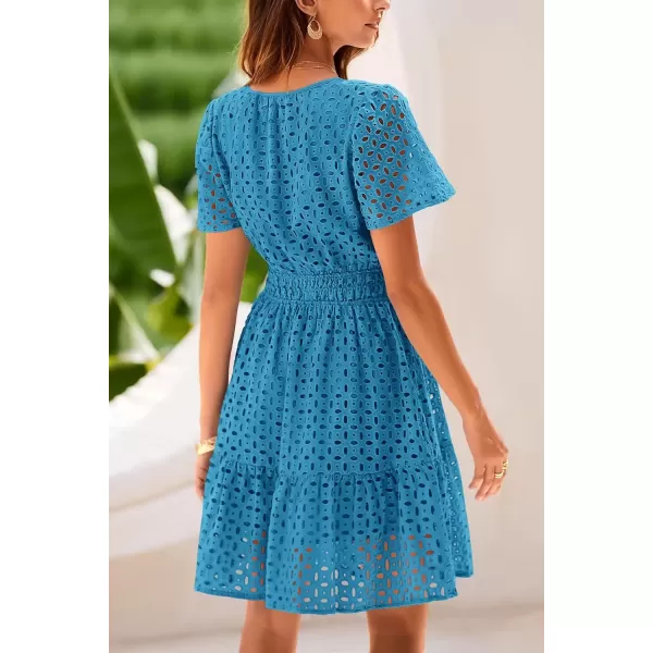 imagePRETTYGARDEN Womens 2024 Summer Short Dress V Neck Short Sleeve A Line Hollow Out Lace Ruffle Cute Casual Beach Party DressesLake Blue