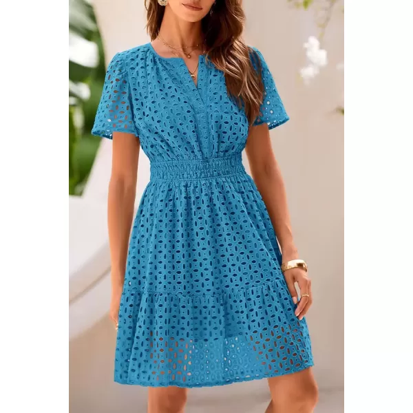 imagePRETTYGARDEN Womens 2024 Summer Short Dress V Neck Short Sleeve A Line Hollow Out Lace Ruffle Cute Casual Beach Party DressesLake Blue