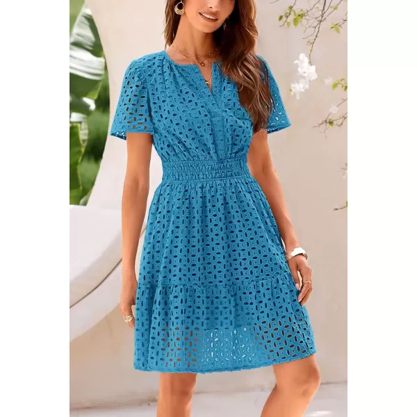 imagePRETTYGARDEN Womens 2024 Summer Short Dress V Neck Short Sleeve A Line Hollow Out Lace Ruffle Cute Casual Beach Party DressesLake Blue