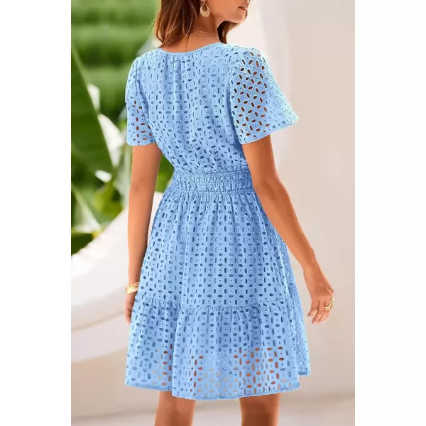 imagePRETTYGARDEN Womens 2024 Summer Short Dress V Neck Short Sleeve A Line Hollow Out Lace Ruffle Cute Casual Beach Party DressesLight Blue