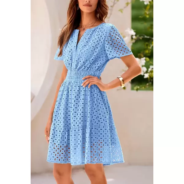 imagePRETTYGARDEN Womens 2024 Summer Short Dress V Neck Short Sleeve A Line Hollow Out Lace Ruffle Cute Casual Beach Party DressesLight Blue