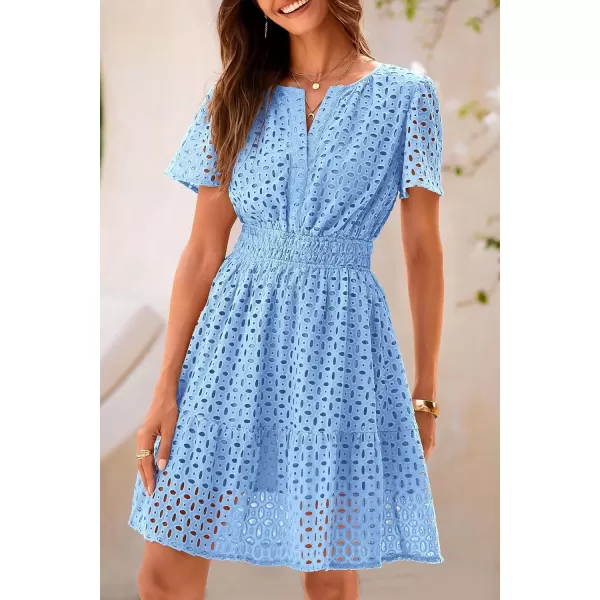imagePRETTYGARDEN Womens 2024 Summer Short Dress V Neck Short Sleeve A Line Hollow Out Lace Ruffle Cute Casual Beach Party DressesLight Blue