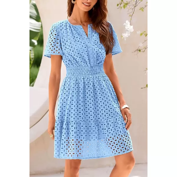 imagePRETTYGARDEN Womens 2024 Summer Short Dress V Neck Short Sleeve A Line Hollow Out Lace Ruffle Cute Casual Beach Party DressesLight Blue