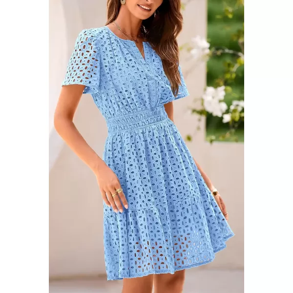 imagePRETTYGARDEN Womens 2024 Summer Short Dress V Neck Short Sleeve A Line Hollow Out Lace Ruffle Cute Casual Beach Party DressesLight Blue