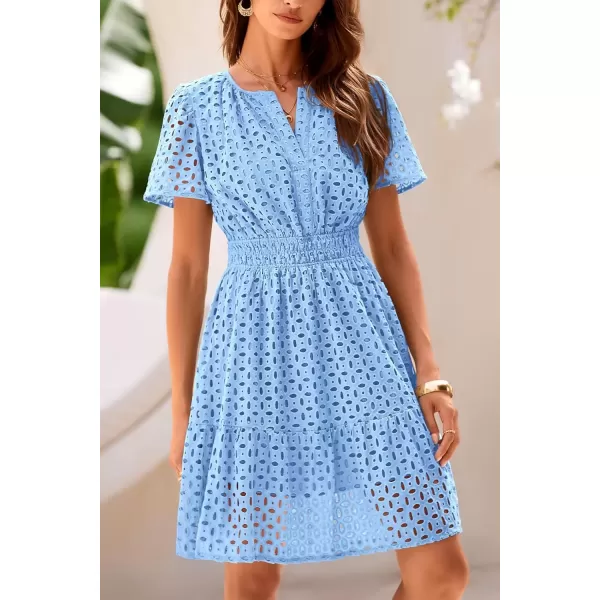 imagePRETTYGARDEN Womens 2024 Summer Short Dress V Neck Short Sleeve A Line Hollow Out Lace Ruffle Cute Casual Beach Party DressesLight Blue