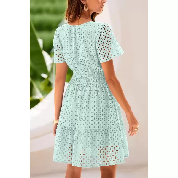 imagePRETTYGARDEN Womens 2024 Summer Short Dress V Neck Short Sleeve A Line Hollow Out Lace Ruffle Cute Casual Beach Party DressesLight Green