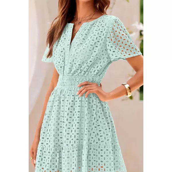 imagePRETTYGARDEN Womens 2024 Summer Short Dress V Neck Short Sleeve A Line Hollow Out Lace Ruffle Cute Casual Beach Party DressesLight Green