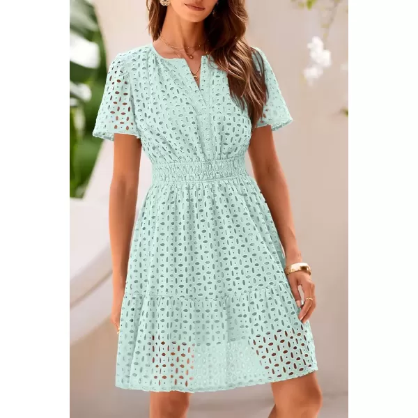 imagePRETTYGARDEN Womens 2024 Summer Short Dress V Neck Short Sleeve A Line Hollow Out Lace Ruffle Cute Casual Beach Party DressesLight Green