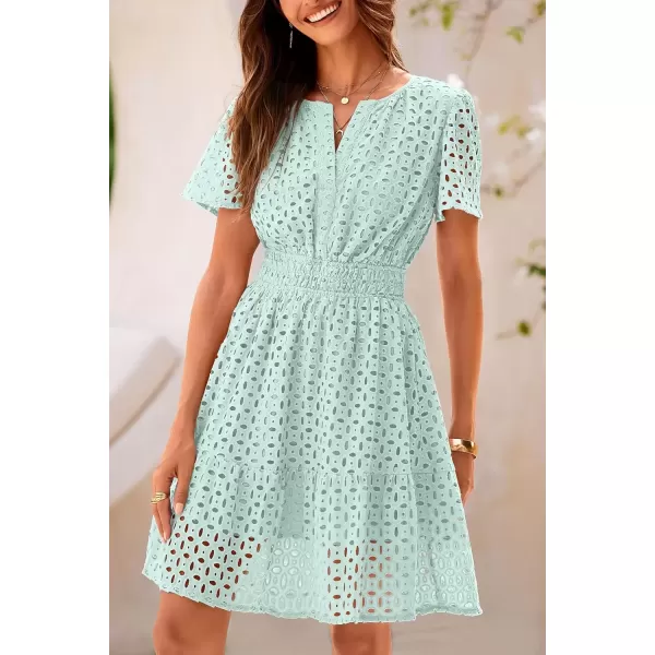 imagePRETTYGARDEN Womens 2024 Summer Short Dress V Neck Short Sleeve A Line Hollow Out Lace Ruffle Cute Casual Beach Party DressesLight Green
