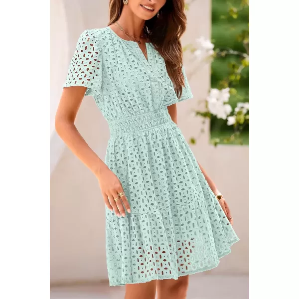 imagePRETTYGARDEN Womens 2024 Summer Short Dress V Neck Short Sleeve A Line Hollow Out Lace Ruffle Cute Casual Beach Party DressesLight Green