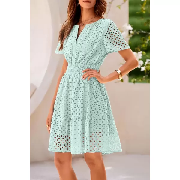 imagePRETTYGARDEN Womens 2024 Summer Short Dress V Neck Short Sleeve A Line Hollow Out Lace Ruffle Cute Casual Beach Party DressesLight Green