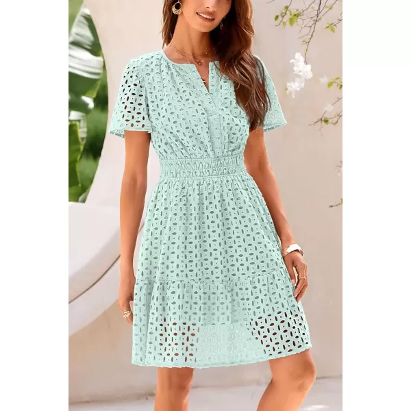 imagePRETTYGARDEN Womens 2024 Summer Short Dress V Neck Short Sleeve A Line Hollow Out Lace Ruffle Cute Casual Beach Party DressesLight Green