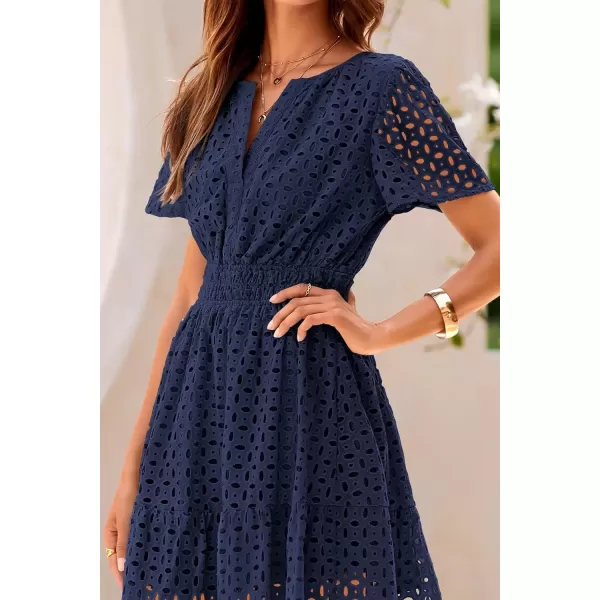 imagePRETTYGARDEN Womens 2024 Summer Short Dress V Neck Short Sleeve A Line Hollow Out Lace Ruffle Cute Casual Beach Party DressesNavy