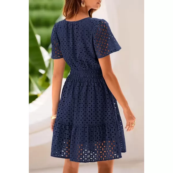 imagePRETTYGARDEN Womens 2024 Summer Short Dress V Neck Short Sleeve A Line Hollow Out Lace Ruffle Cute Casual Beach Party DressesNavy