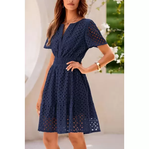 imagePRETTYGARDEN Womens 2024 Summer Short Dress V Neck Short Sleeve A Line Hollow Out Lace Ruffle Cute Casual Beach Party DressesNavy