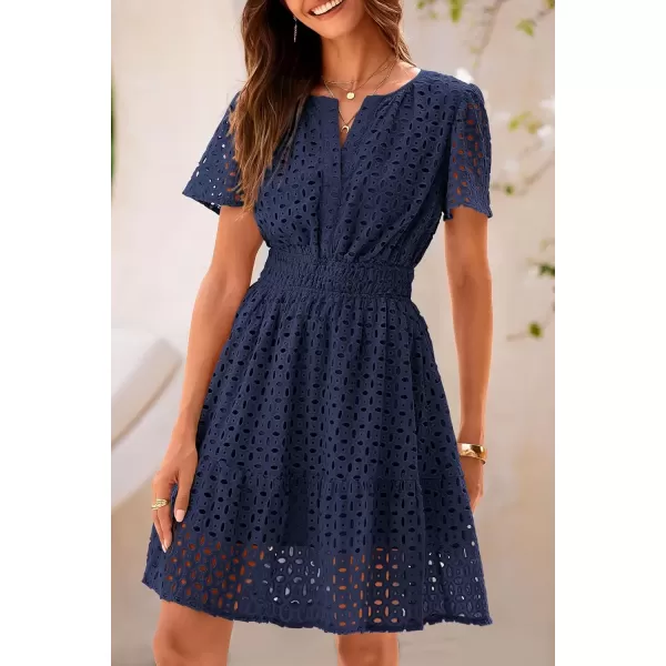 imagePRETTYGARDEN Womens 2024 Summer Short Dress V Neck Short Sleeve A Line Hollow Out Lace Ruffle Cute Casual Beach Party DressesNavy