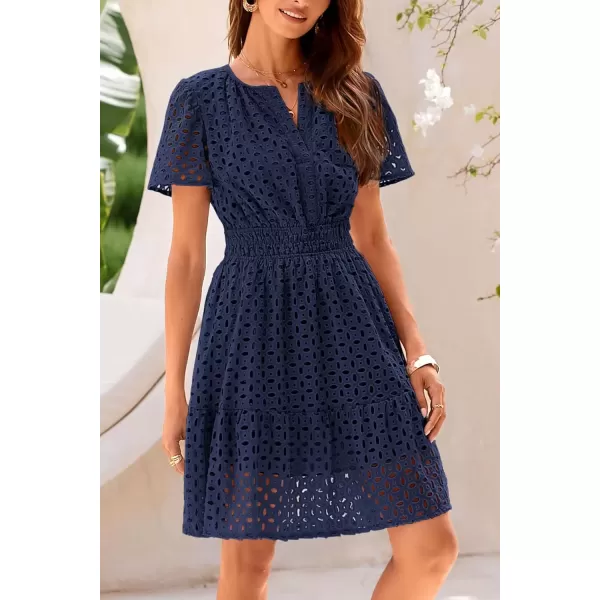 imagePRETTYGARDEN Womens 2024 Summer Short Dress V Neck Short Sleeve A Line Hollow Out Lace Ruffle Cute Casual Beach Party DressesNavy