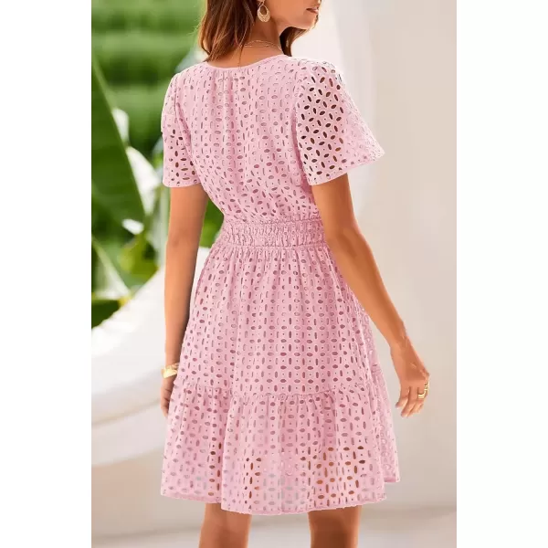 imagePRETTYGARDEN Womens 2024 Summer Short Dress V Neck Short Sleeve A Line Hollow Out Lace Ruffle Cute Casual Beach Party DressesPink