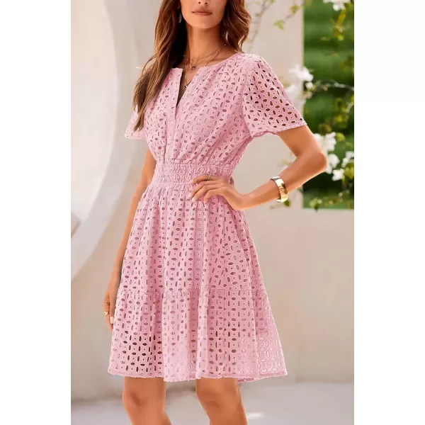imagePRETTYGARDEN Womens 2024 Summer Short Dress V Neck Short Sleeve A Line Hollow Out Lace Ruffle Cute Casual Beach Party DressesPink
