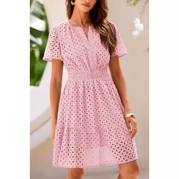 imagePRETTYGARDEN Womens 2024 Summer Short Dress V Neck Short Sleeve A Line Hollow Out Lace Ruffle Cute Casual Beach Party DressesPink