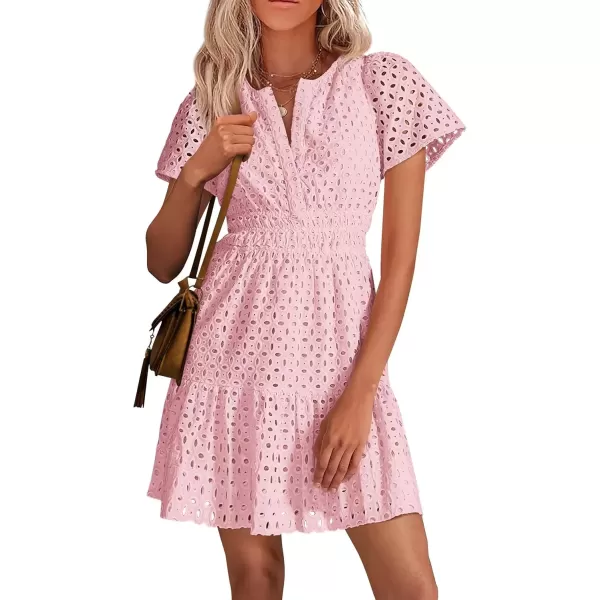 imagePRETTYGARDEN Womens 2024 Summer Short Dress V Neck Short Sleeve A Line Hollow Out Lace Ruffle Cute Casual Beach Party DressesPink