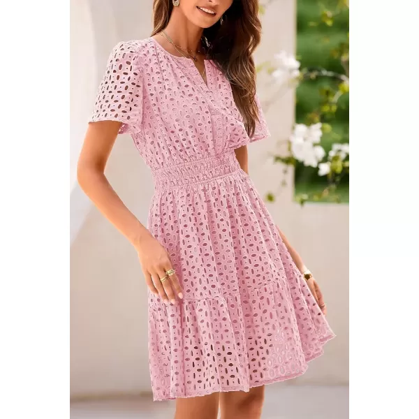 imagePRETTYGARDEN Womens 2024 Summer Short Dress V Neck Short Sleeve A Line Hollow Out Lace Ruffle Cute Casual Beach Party DressesPink