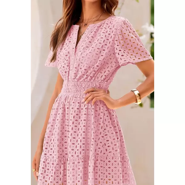 imagePRETTYGARDEN Womens 2024 Summer Short Dress V Neck Short Sleeve A Line Hollow Out Lace Ruffle Cute Casual Beach Party DressesPink