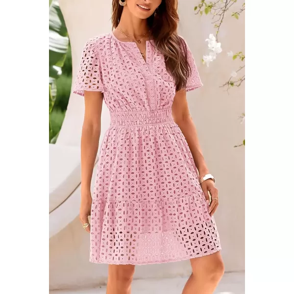 imagePRETTYGARDEN Womens 2024 Summer Short Dress V Neck Short Sleeve A Line Hollow Out Lace Ruffle Cute Casual Beach Party DressesPink