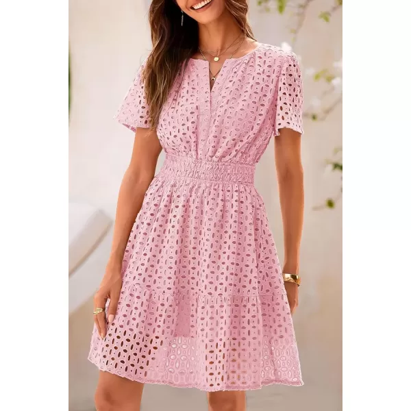 imagePRETTYGARDEN Womens 2024 Summer Short Dress V Neck Short Sleeve A Line Hollow Out Lace Ruffle Cute Casual Beach Party DressesPink