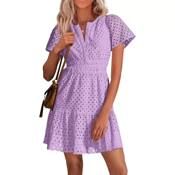 imagePRETTYGARDEN Womens 2024 Summer Short Dress V Neck Short Sleeve A Line Hollow Out Lace Ruffle Cute Casual Beach Party DressesPurple