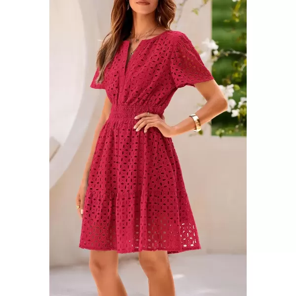 imagePRETTYGARDEN Womens 2024 Summer Short Dress V Neck Short Sleeve A Line Hollow Out Lace Ruffle Cute Casual Beach Party DressesRed