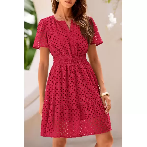 imagePRETTYGARDEN Womens 2024 Summer Short Dress V Neck Short Sleeve A Line Hollow Out Lace Ruffle Cute Casual Beach Party DressesRed