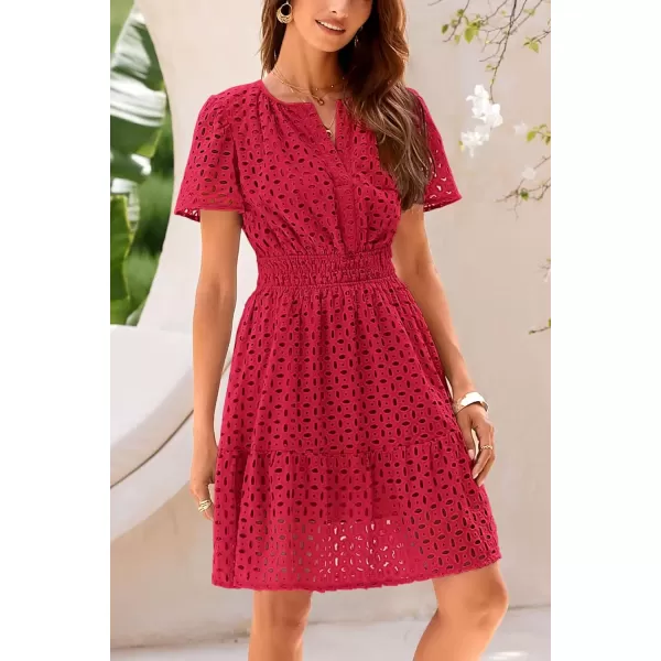 imagePRETTYGARDEN Womens 2024 Summer Short Dress V Neck Short Sleeve A Line Hollow Out Lace Ruffle Cute Casual Beach Party DressesRed