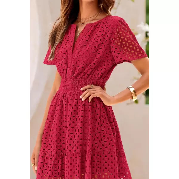imagePRETTYGARDEN Womens 2024 Summer Short Dress V Neck Short Sleeve A Line Hollow Out Lace Ruffle Cute Casual Beach Party DressesRed