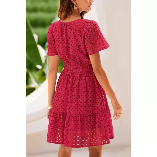 imagePRETTYGARDEN Womens 2024 Summer Short Dress V Neck Short Sleeve A Line Hollow Out Lace Ruffle Cute Casual Beach Party DressesRed